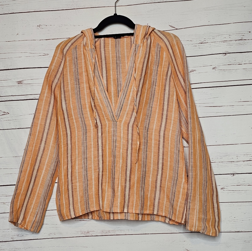 Theory Striped V-Neck Hooded Linen Top